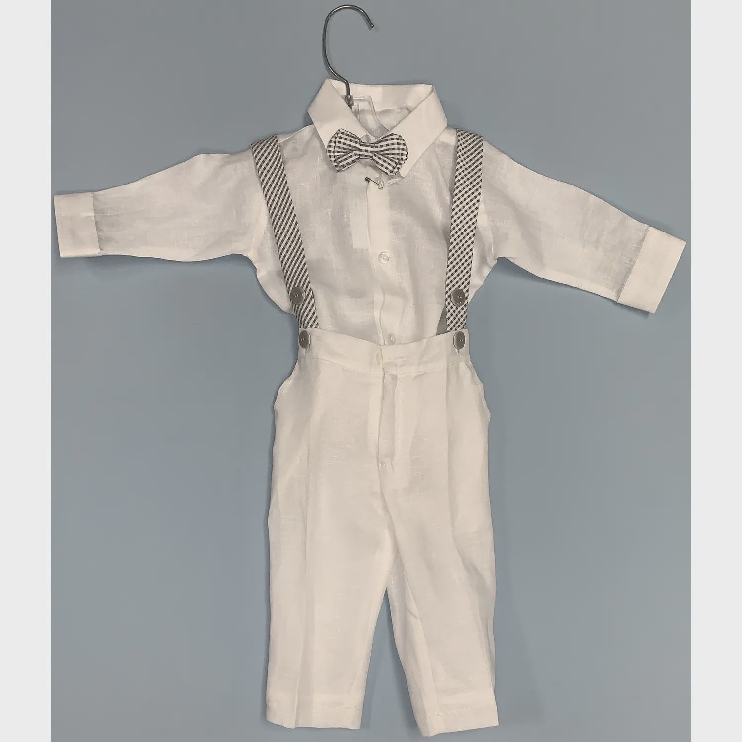 3PC SHIRT PANT & BOWTIE WHITE GREY CHECK SUSPENDERS / GA21550L