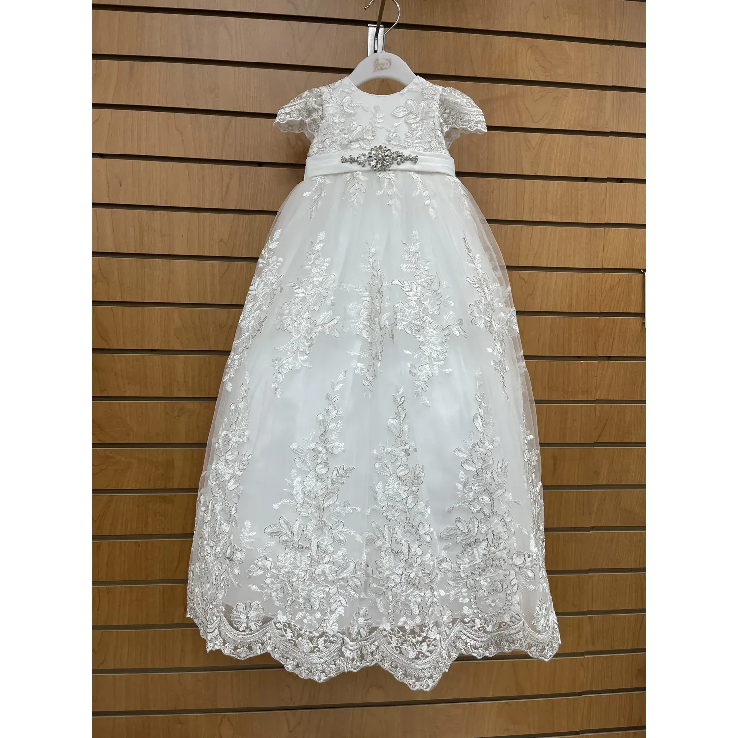 2 PC GOWN & BONNET OFF WHITE SILVER THREAD EMBROIDERY JEWEL BELT / Y9021193