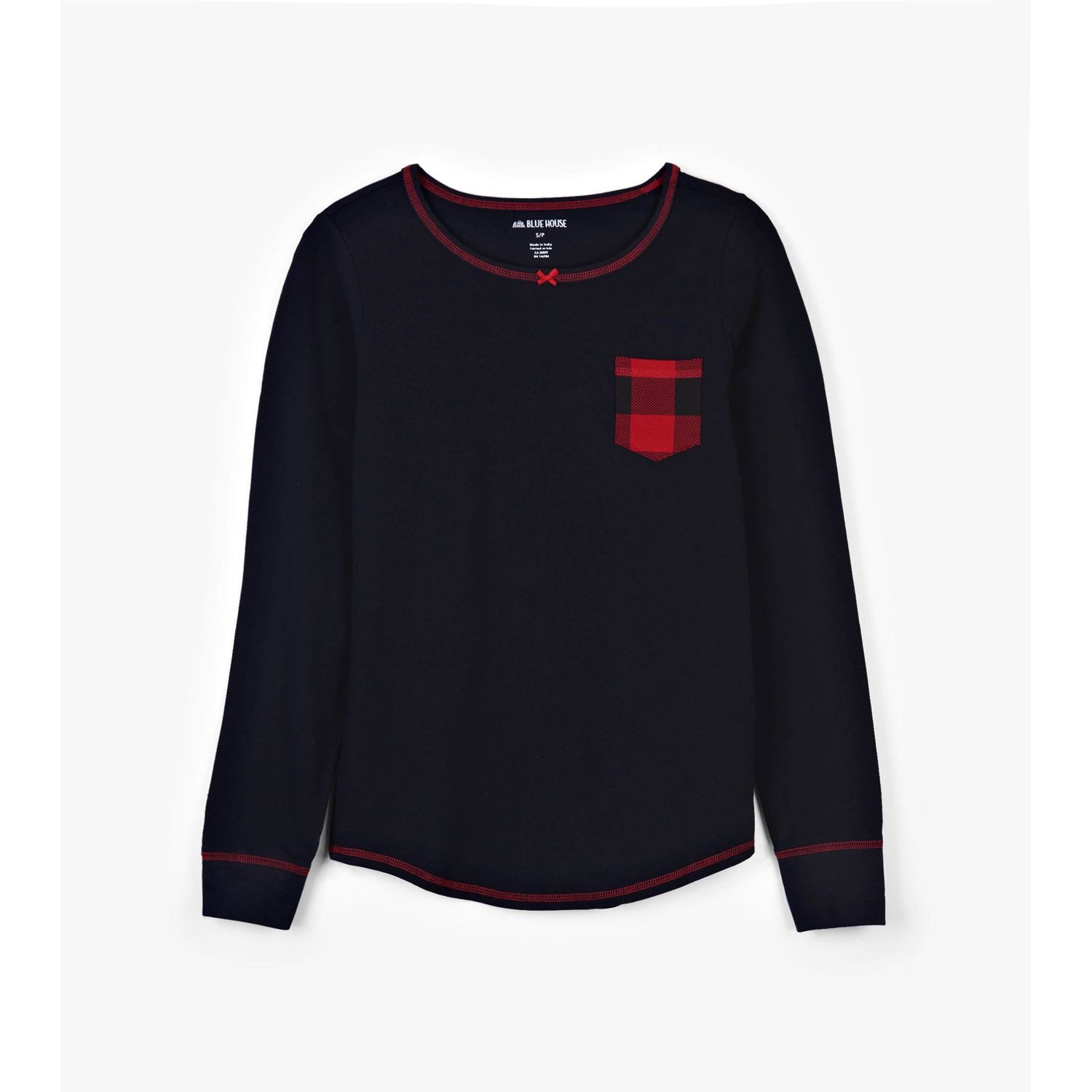 TOP WOMEN'S BLACK RED PLAID POCKET / TS1BLCK001