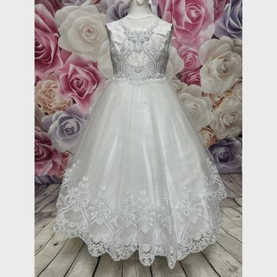 GOWN WHITE PEARL BASKET WEAVE BODICE & HEM / 2067U