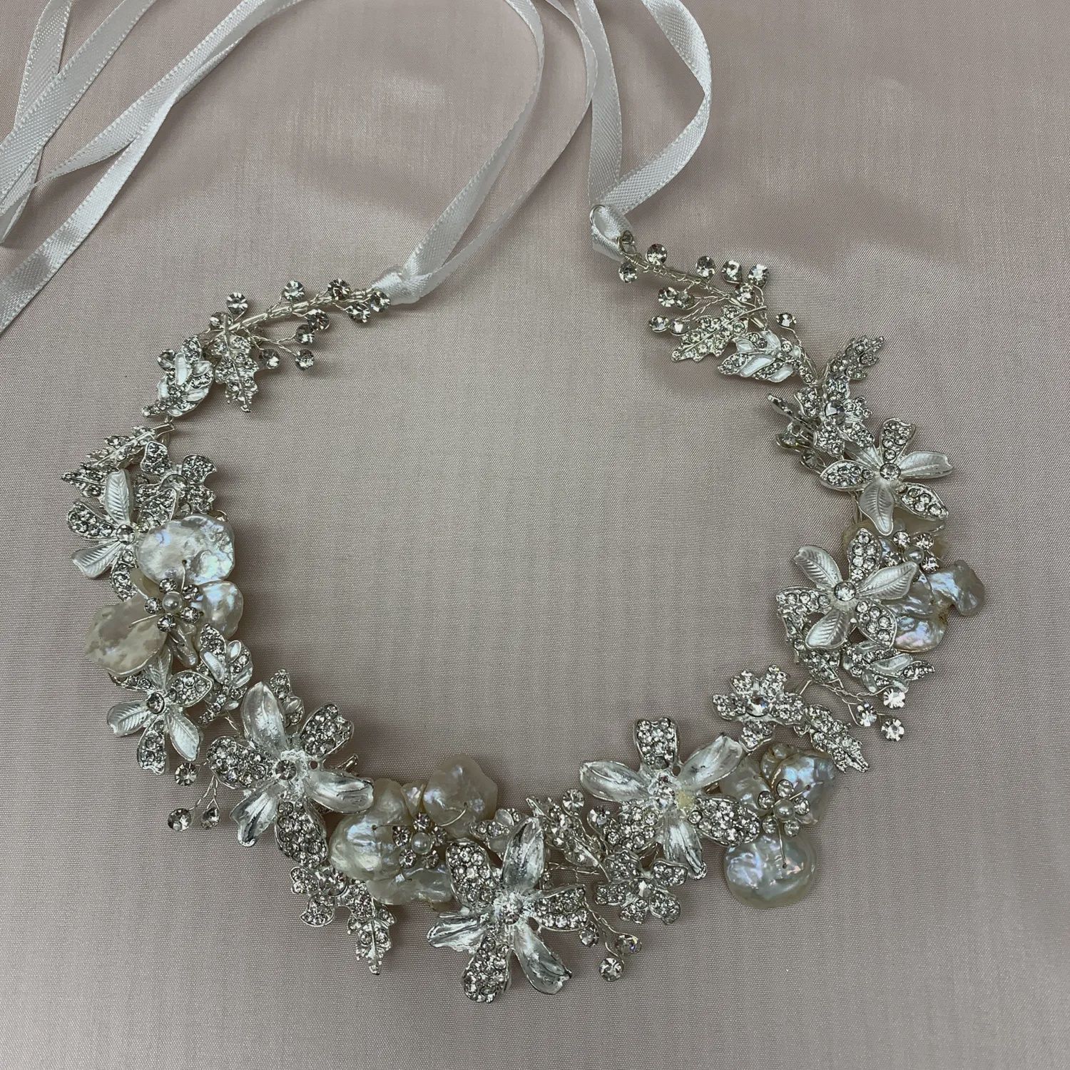 HEADBAND SILVER OPAQUE RHINESTONES FLOWERS