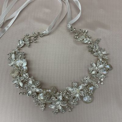 HEADBAND SILVER OPAQUE RHINESTONES FLOWERS