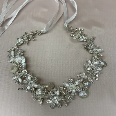 HEADBAND SILVER OPAQUE RHINESTONES FLOWERS