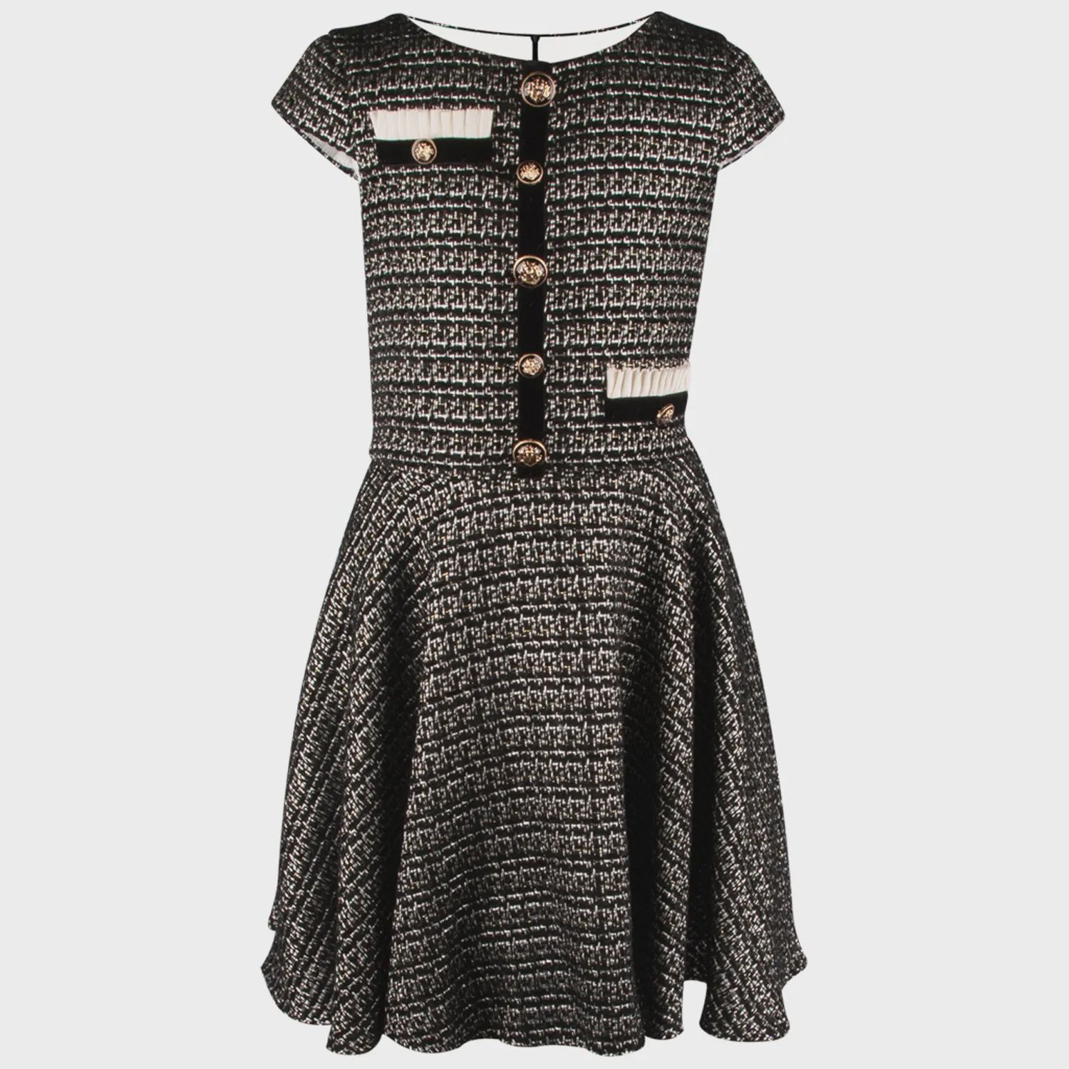 DRESS BLACK & WHITE TWEED GOLD BUTTONS CAP SLEEVE CREAM PLEATS TRIM / 5119