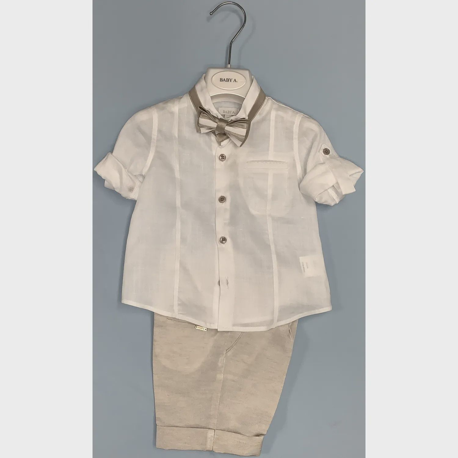 3 PC SHIRT & SHORTS & BOWTIE WHITE & BEIGE ROLL UP SLEEVE / B2304BR 3 PC SHIRT & SHORTS & BOWTIE WHITE & BEIGE ROLL UP SLEEVE / B2304BR