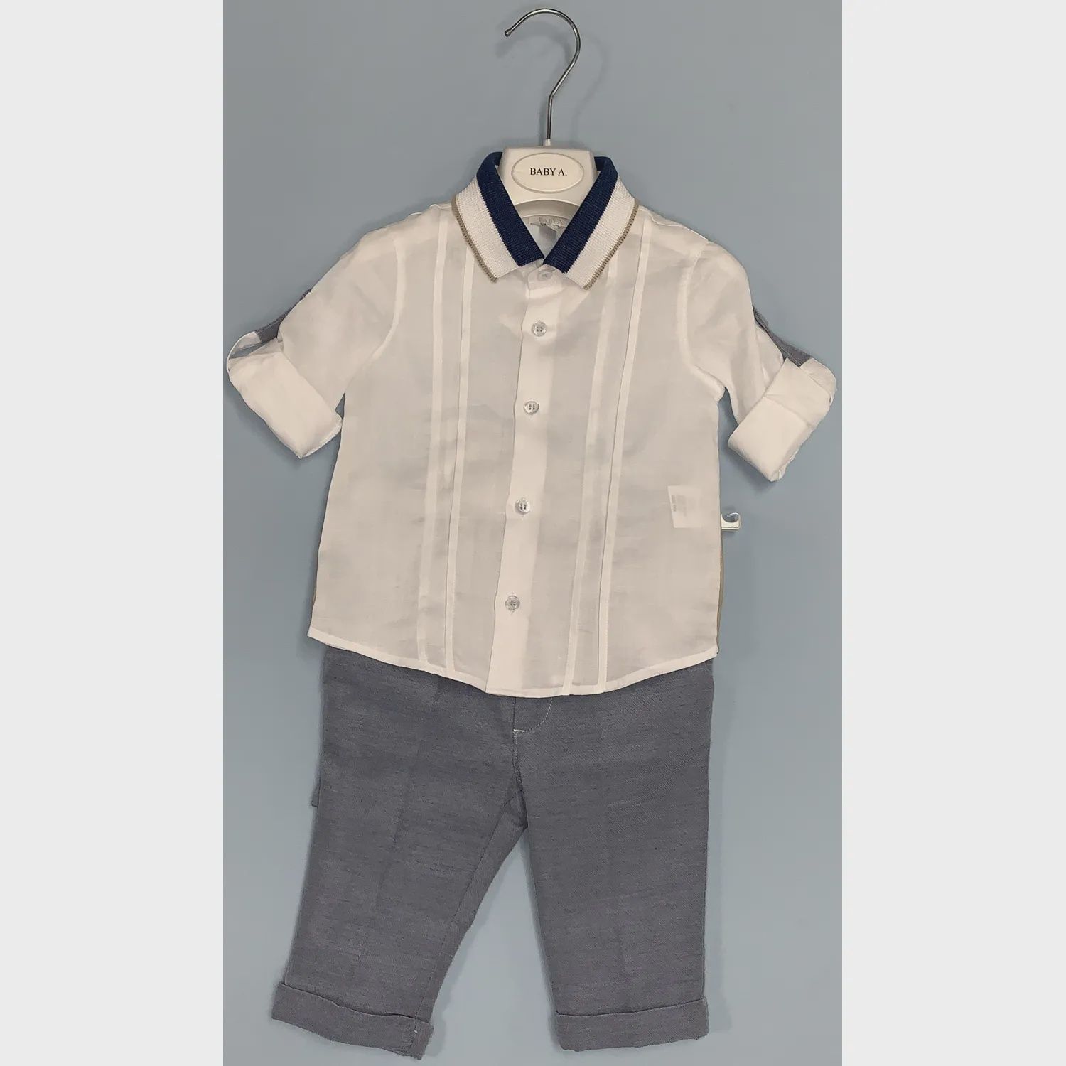 2 PC SHIRT & PANT WHITE & BLUE WITH SUSPENDERS KNIT COLLAR / D2333