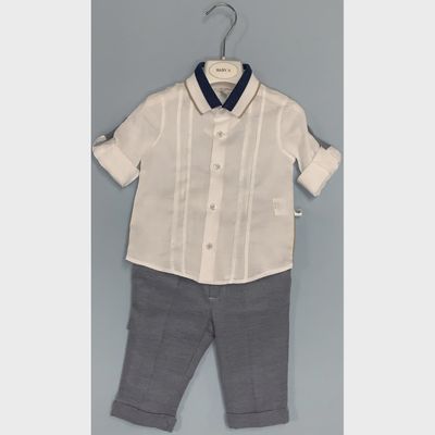 2 PC SHIRT & PANT WHITE & BLUE WITH SUSPENDERS KNIT COLLAR / D2333
