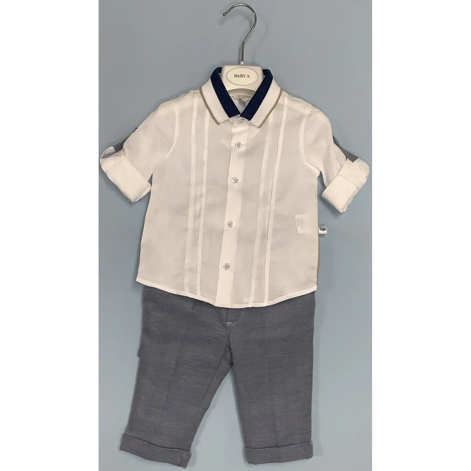 2 PC SHIRT & PANT WHITE & BLUE WITH SUSPENDERS KNIT COLLAR / D2333