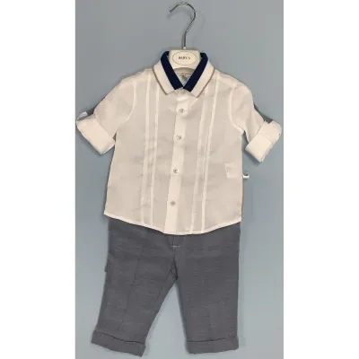 2 PC SHIRT & PANT WHITE & BLUE WITH SUSPENDERS KNIT COLLAR / D2333