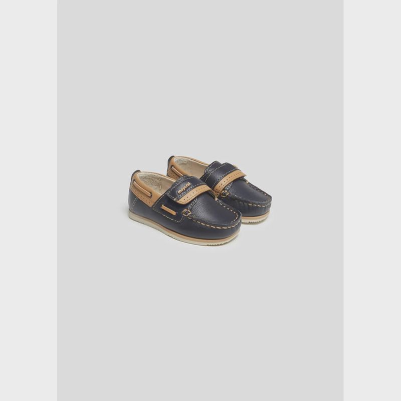 NAVY BOAT SHOES TAUPE TRIM VELCRO STRAP / 41390
