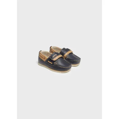 NAVY BOAT SHOES TAUPE TRIM VELCRO STRAP / 41390