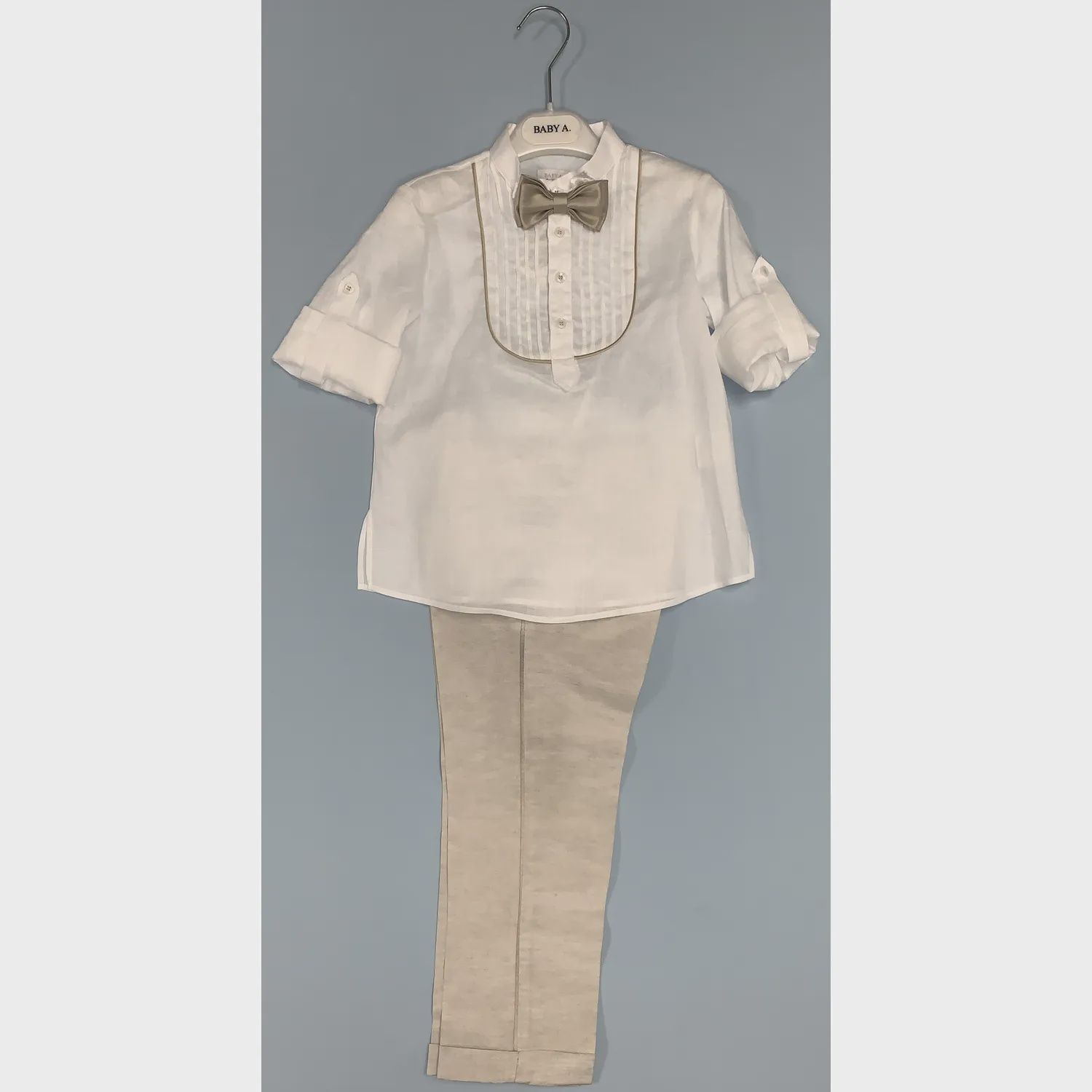 4PC SHIRT & PANT & BOWTIE & CUMMBERBAND WHITE & BEIGE / A2275