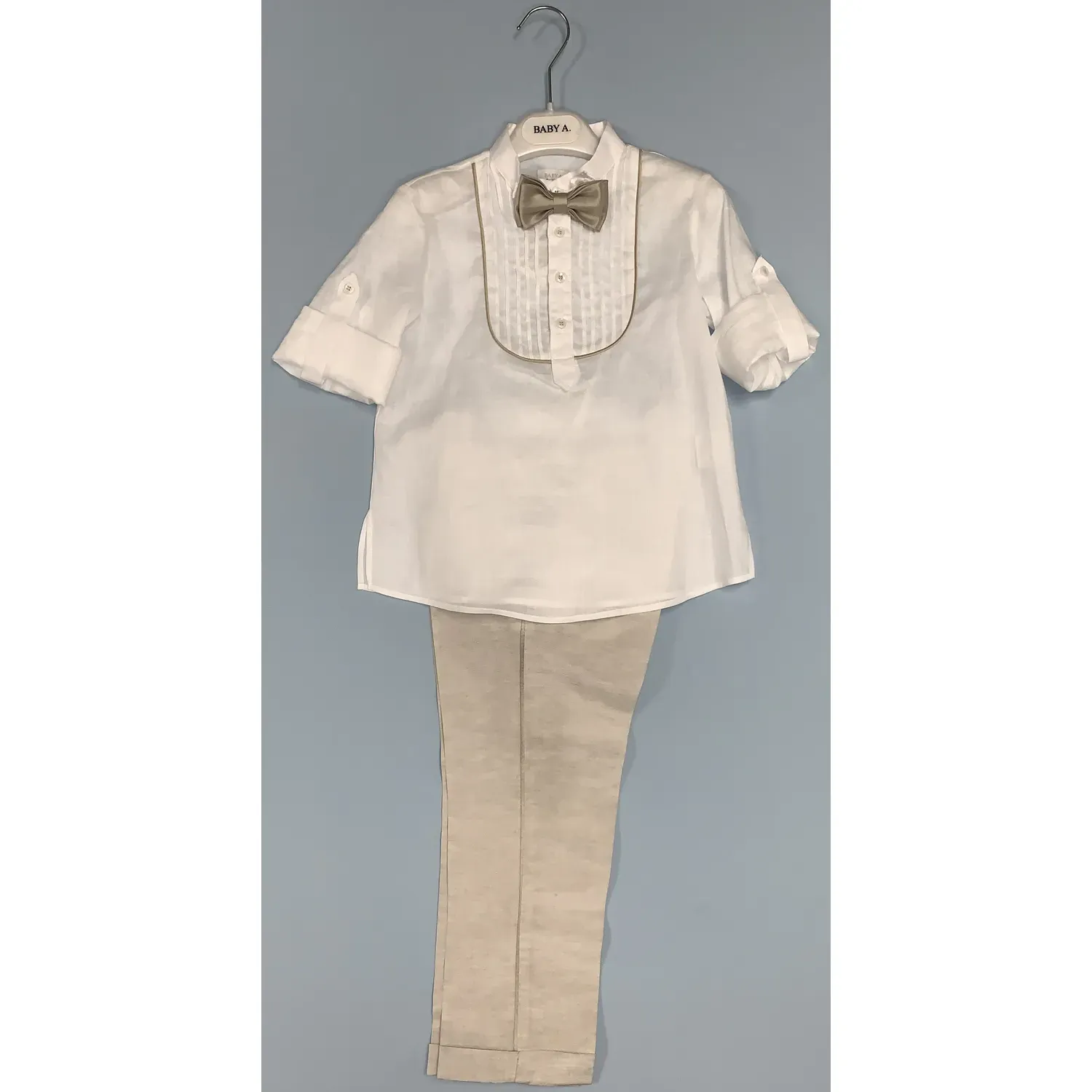 4PC SHIRT & PANT & BOWTIE & CUMMBERBAND WHITE & BEIGE / A2275