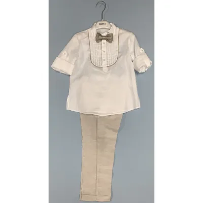 4PC SHIRT & PANT & BOWTIE & CUMMBERBAND WHITE & BEIGE / A2275