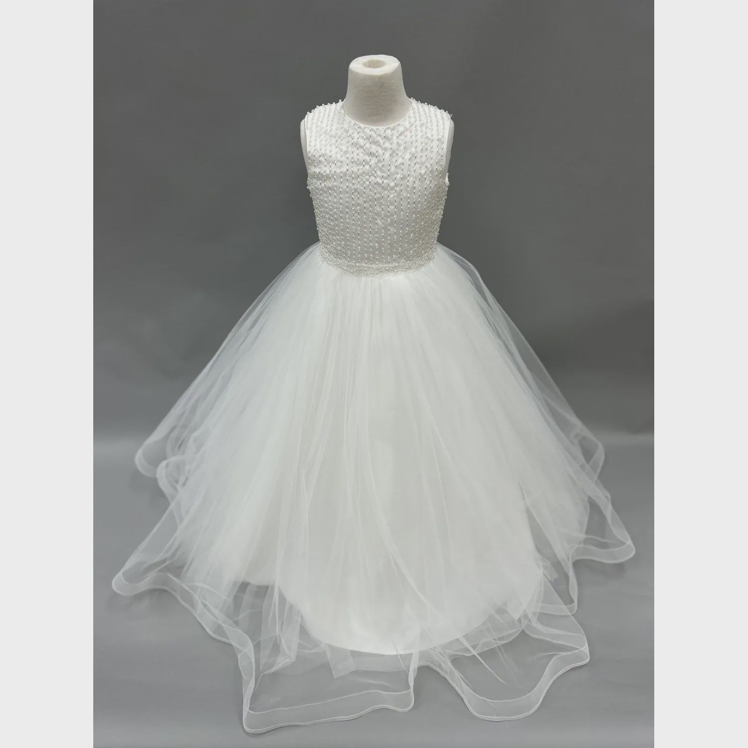 DRESS IVORY PEARL BEADED BODICE TULLE & HERRINGBONE / 8
