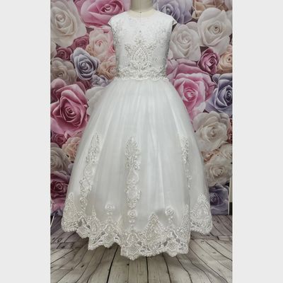DRESS OFF WHITE LACE EMBROIDERED TULLE BODICE & HEM PEARLS / D20618