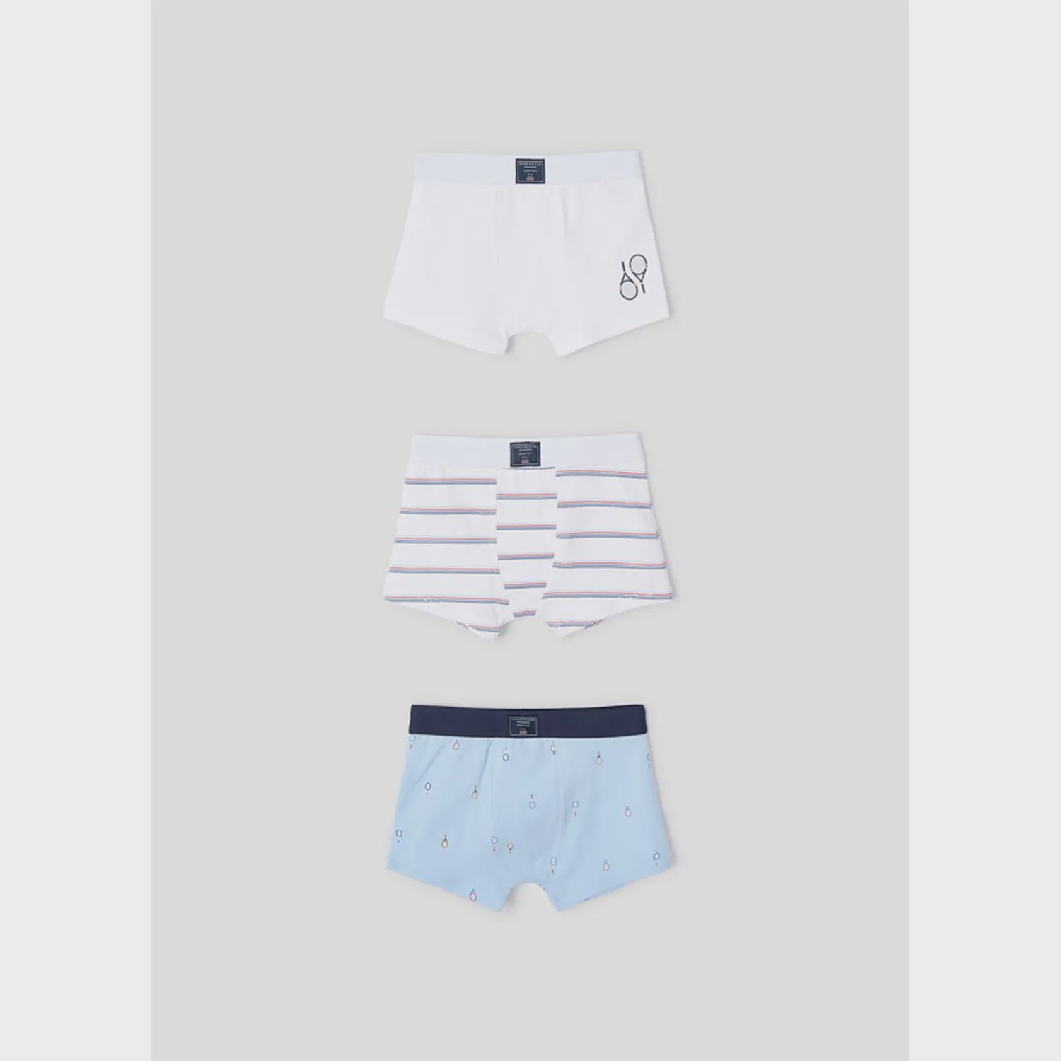 3 PC BOXER SET BLUE WHITE WITH STRIPES & TENNIS PRINT / 10215