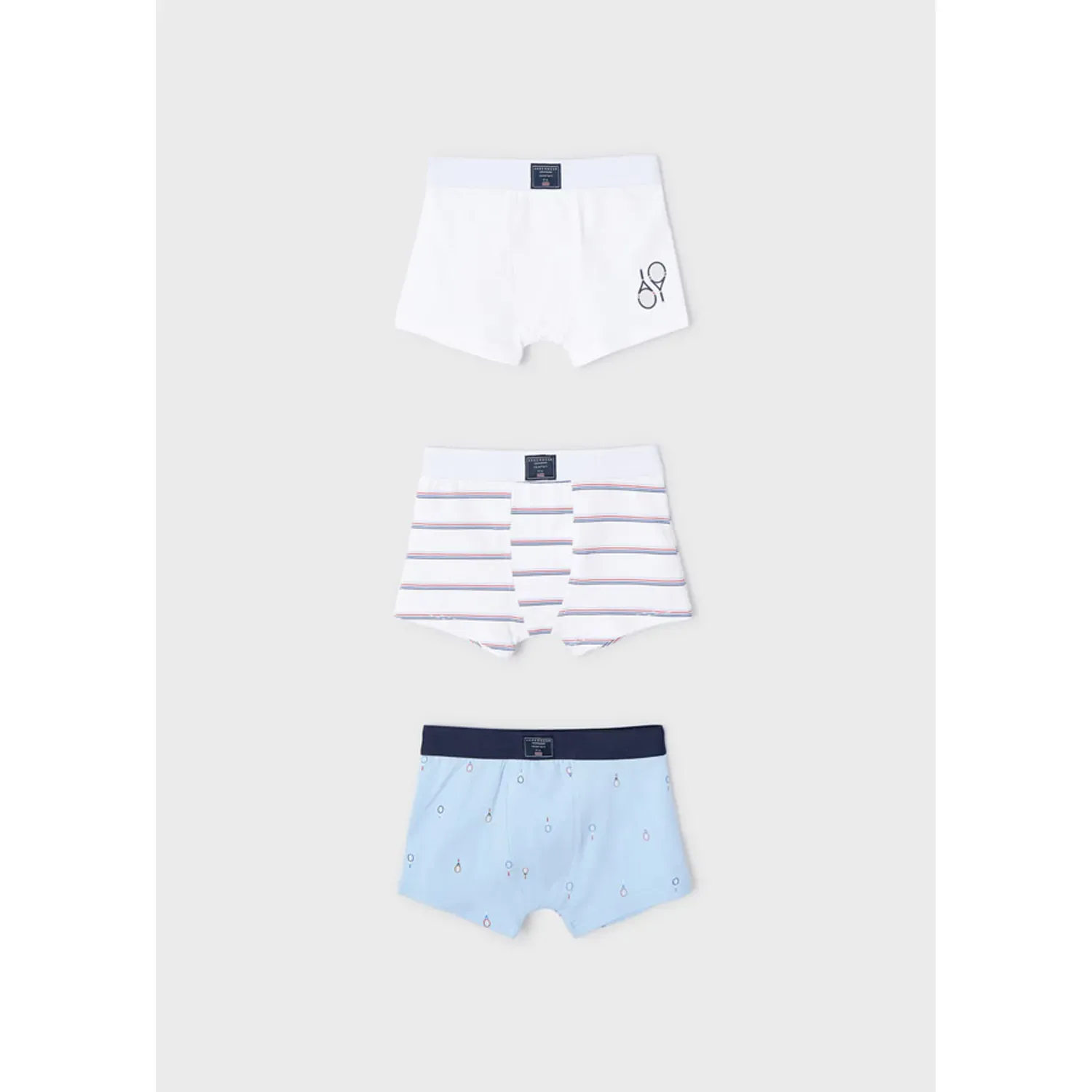 3 PC BOXER SET BLUE WHITE WITH STRIPES & TENNIS PRINT / 10215
