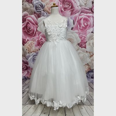 DRESS OFF WHITE HIGH LOW LEAVES & FLOWER APPLIQUE PEARL BUTTONS / D9012072