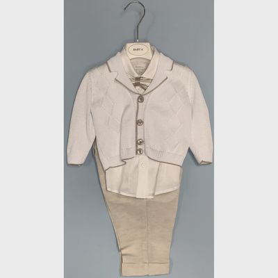 4 PC CARDIGAN SHIRT PANT & BOWTIE WHITE & BEIGE / B2303