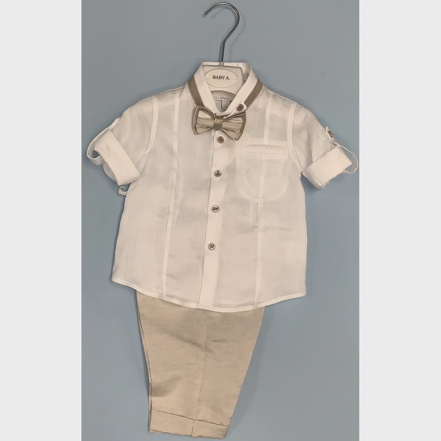 3 PC SHIRT & PANT & BOWTIE WHITE & BEIGE ROLL UP SLEEVE / B2304