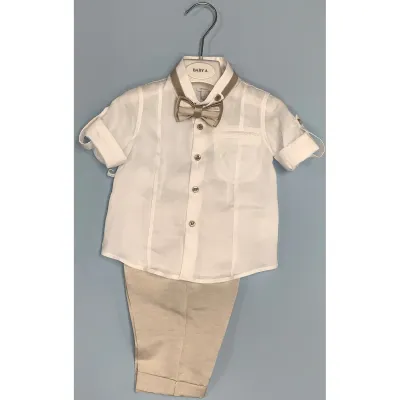 3 PC SHIRT & PANT & BOWTIE WHITE & BEIGE ROLL UP SLEEVE / B2304