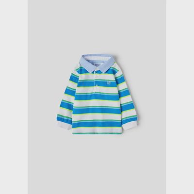 POLO TOP WHITE & BLUE STRIPE CHAMBRAY COLLAR SHORT SLEEVE / 1111