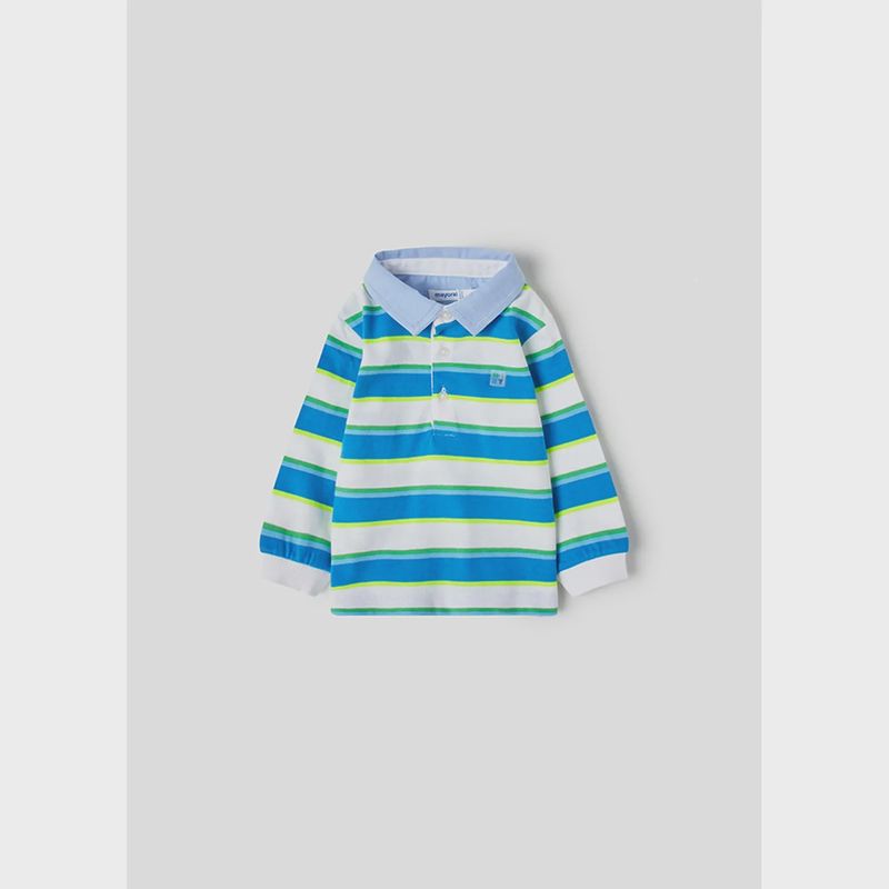 POLO TOP WHITE & BLUE STRIPE CHAMBRAY COLLAR SHORT SLEEVE / 1111