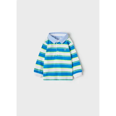 POLO TOP WHITE & BLUE STRIPE CHAMBRAY COLLAR SHORT SLEEVE / 1111
