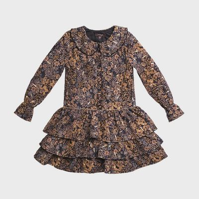 DRESS NAVY BROWN FLOWERS 3 TIER FLOUNCES & GOLD TRIM / SARA
