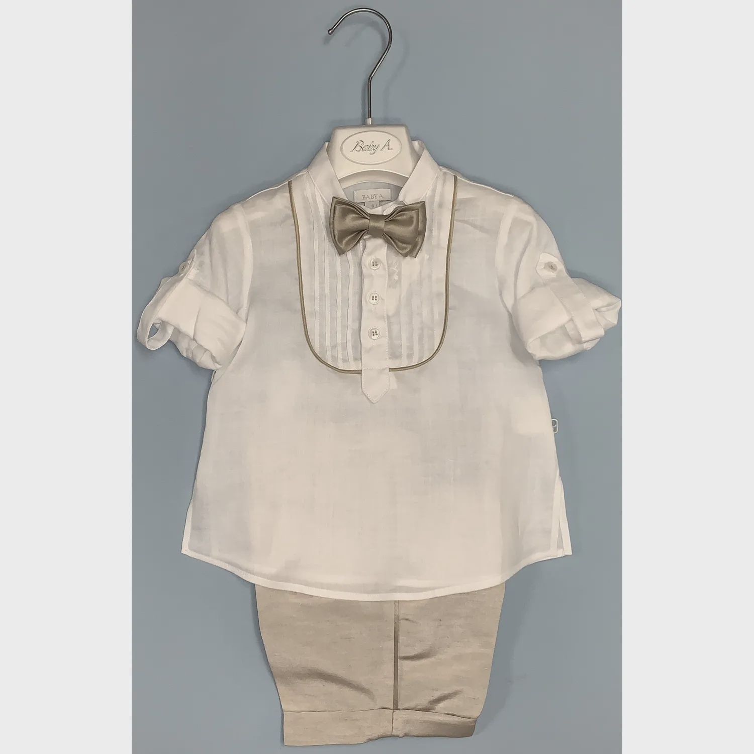 4 PC SHIRT & SHORT & BOWTIE & CUMMBERBAND WHITE & BEIGE / A2275