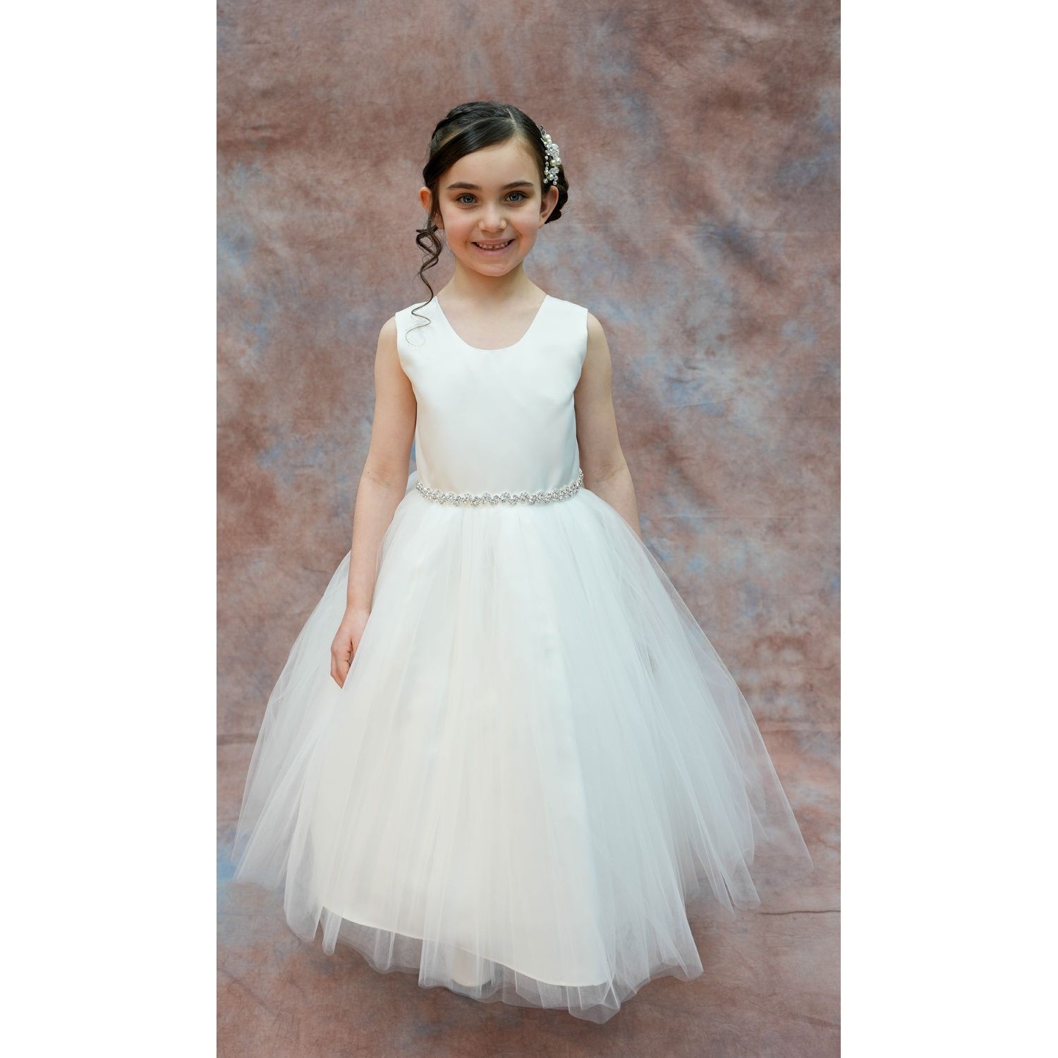 DRESS IVORY SATIN & TULLE SKIRT BELT T597 BABY BELT TS01 2-14 RHINESTONES / 3924