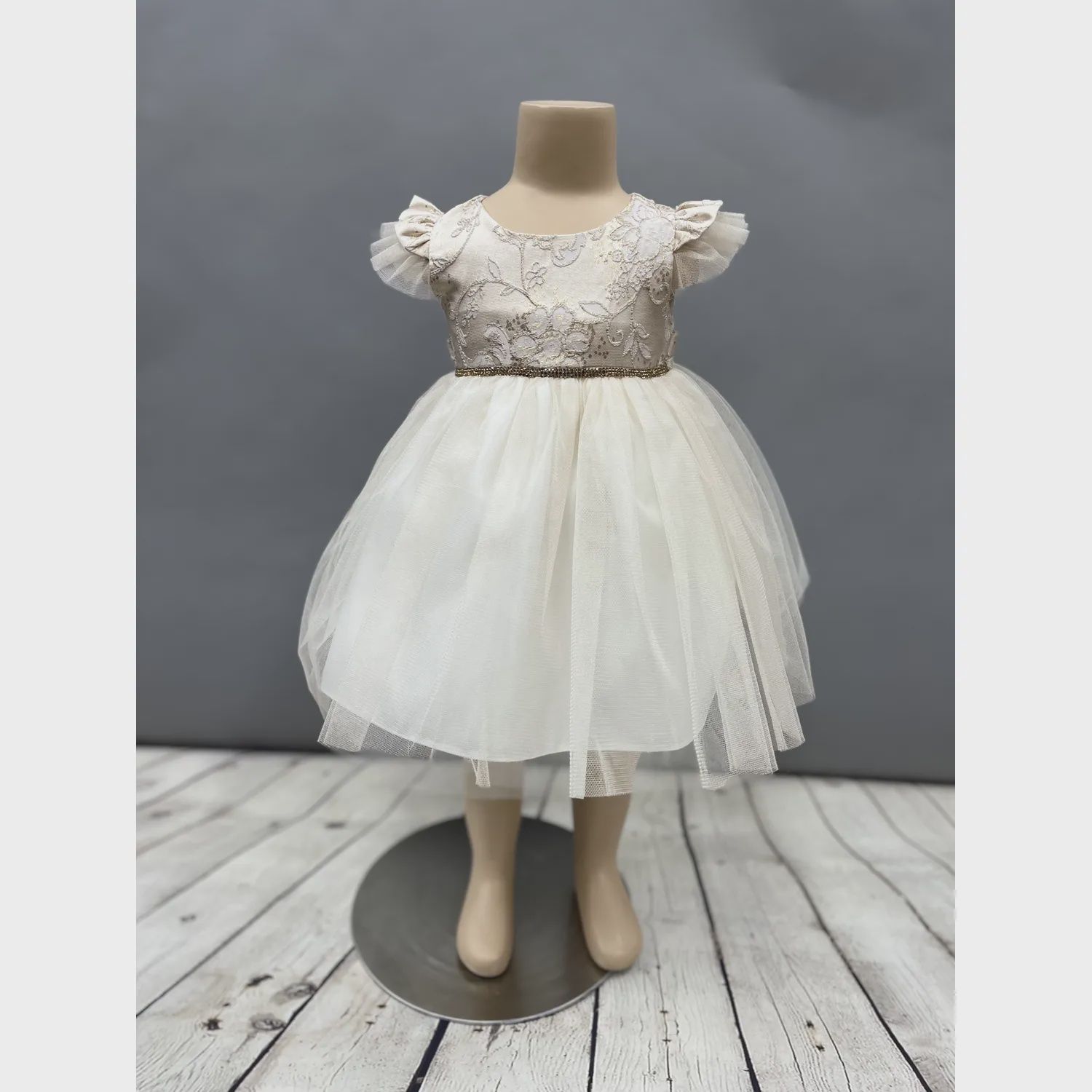 DRESS BEIGE EMBOSSED BODICE TULLE SKIRT GOLD RSTONE BELT / SKB840