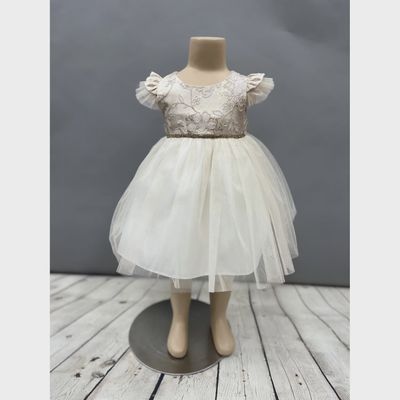 DRESS BEIGE EMBOSSED BODICE TULLE SKIRT GOLD RSTONE BELT / SKB840
