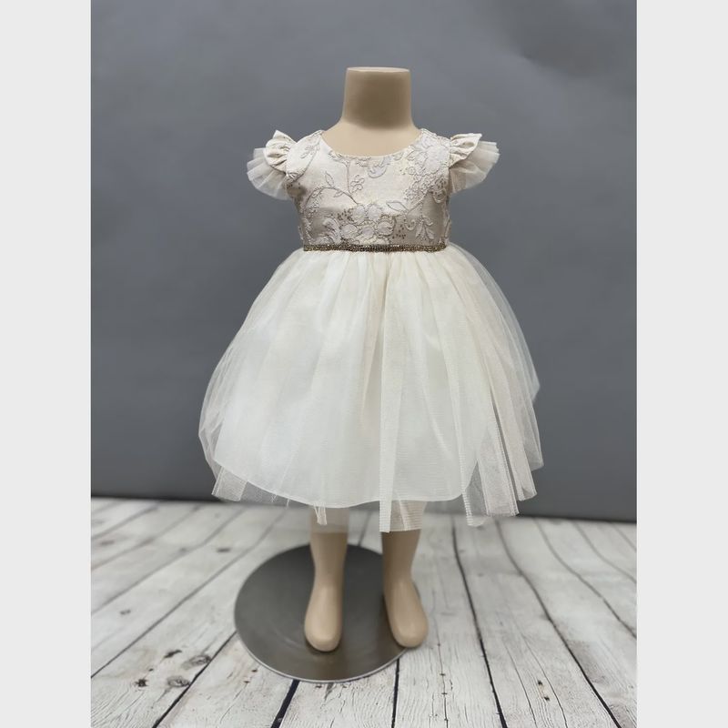 DRESS BEIGE EMBOSSED BODICE TULLE SKIRT GOLD RSTONE BELT / SKB840