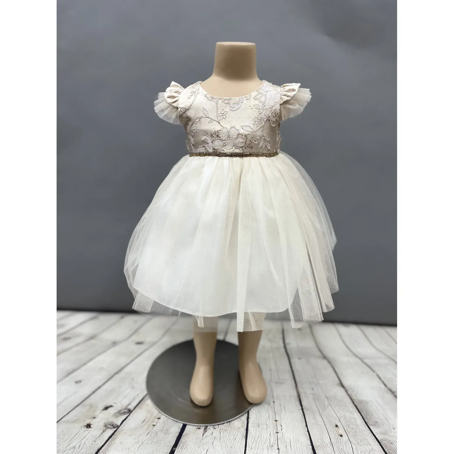 DRESS BEIGE EMBOSSED BODICE TULLE SKIRT GOLD RSTONE BELT / SKB840
