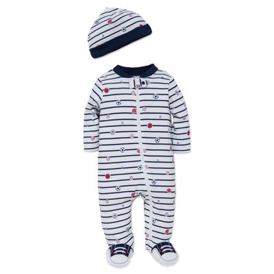 2 PC SLEEPER & HAT SPORTS WHITE & NAVY STRIPE / Q05706N