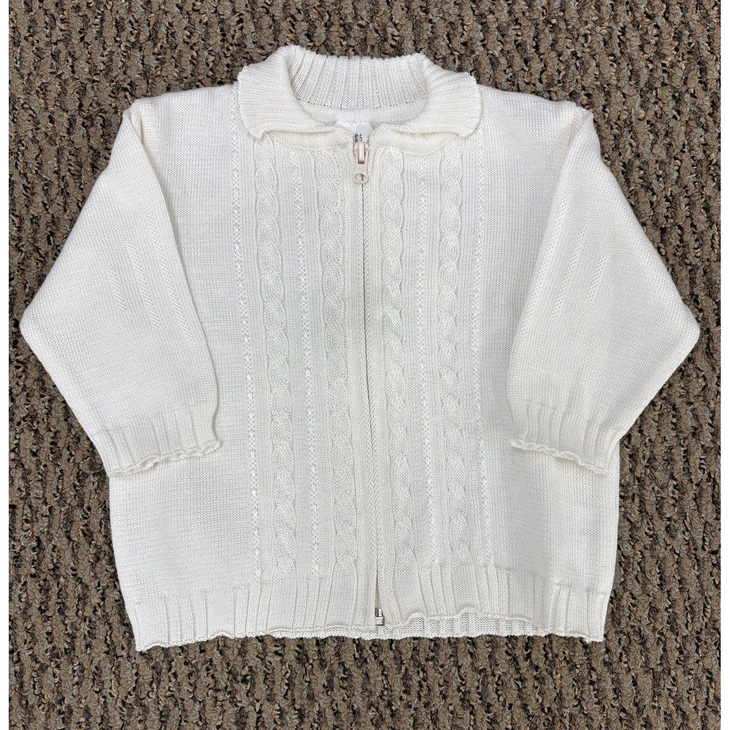 KNIT SWEATER CREAM ZIP CLOSURE CABLE STITCH FRONT COTTON / J805-60