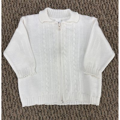 KNIT SWEATER CREAM ZIP CLOSURE CABLE STITCH FRONT COTTON / J805-60