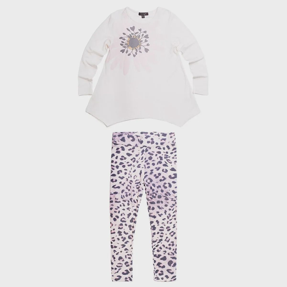 LYNX 2PC TUNIC & LEGGING IVORY & LYNX PRINT FLOWER-GREY HEART PRINT / AMBER