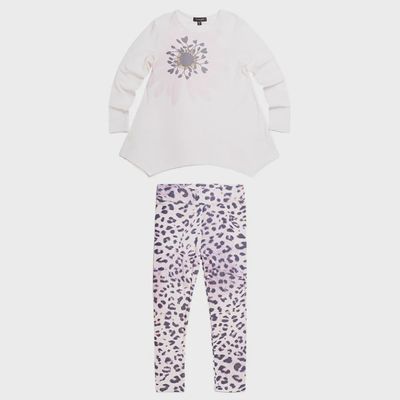 LYNX 2PC TUNIC & LEGGING IVORY & LYNX PRINT FLOWER-GREY HEART PRINT / AMBER