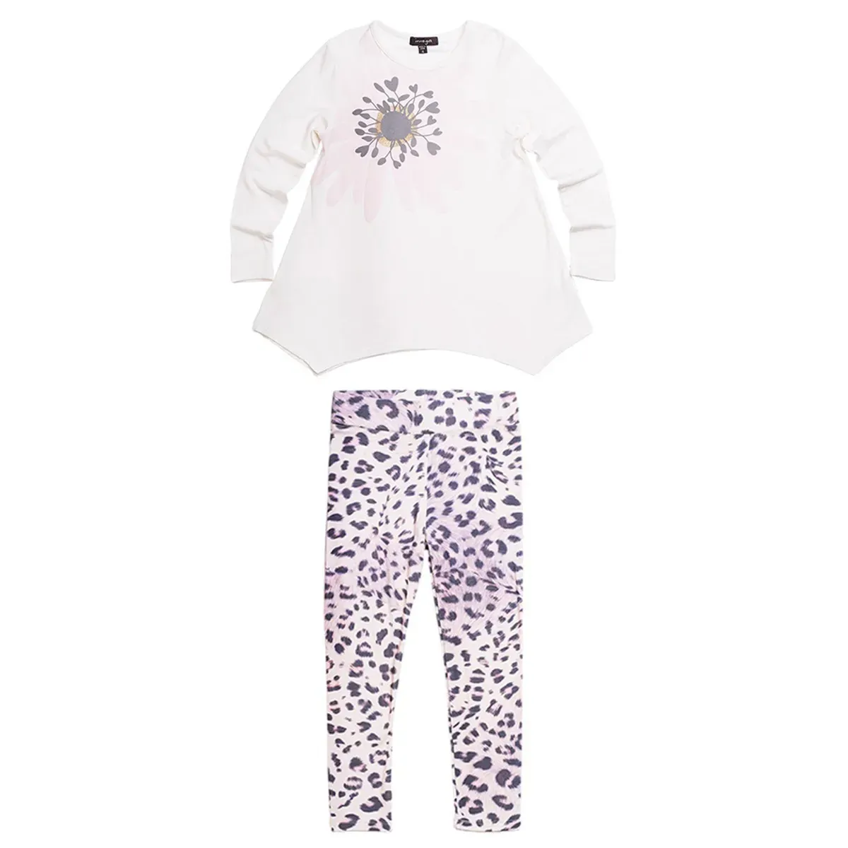 LYNX 2PC TUNIC & LEGGING IVORY & LYNX PRINT FLOWER-GREY HEART PRINT / AMBER
