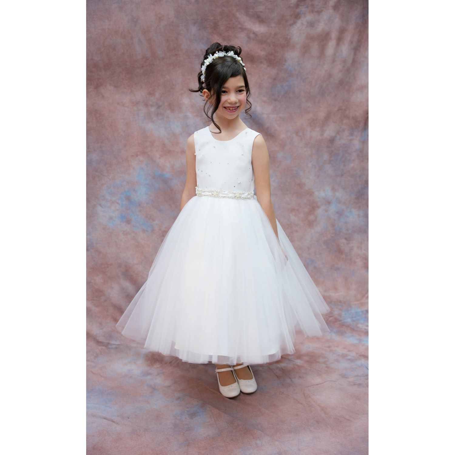 DRESS IVORY PEARL & RSTONE BODICE TULLE SKIRT BELT 504 TULLE SLEEVELESS / 4080