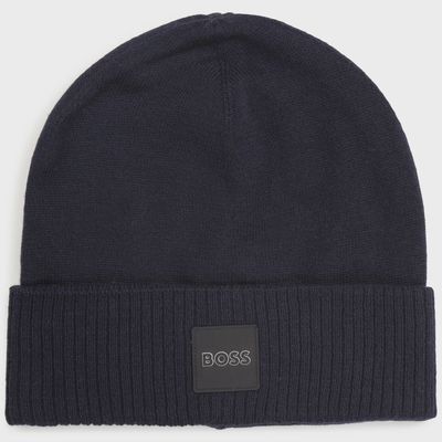 KNIT PULL ON HAT NAVY BOSS LOGO PATCH / J21257