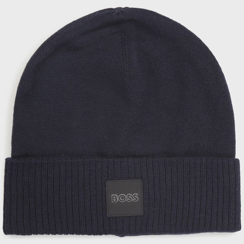 KNIT PULL ON HAT NAVY BOSS LOGO PATCH / J21257