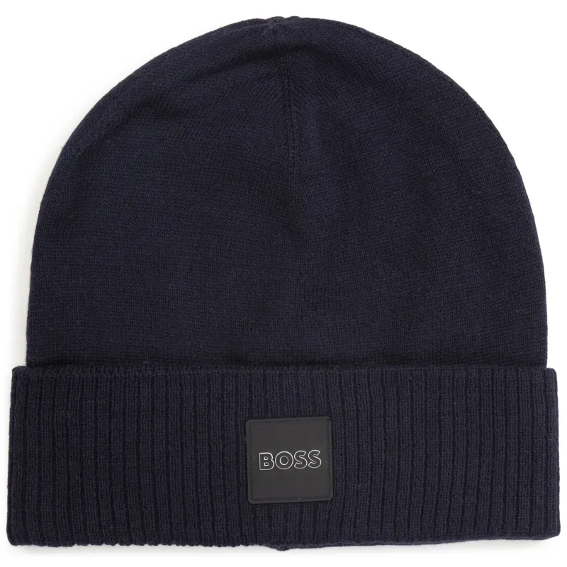 KNIT PULL ON HAT NAVY BOSS LOGO PATCH / J21257