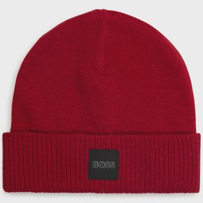 KNIT PULL ON HAT RED BOSS LOGO PATCH / J21257