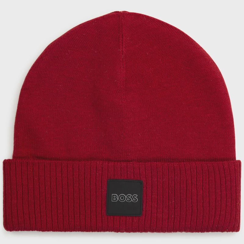 KNIT PULL ON HAT RED BOSS LOGO PATCH / J21257