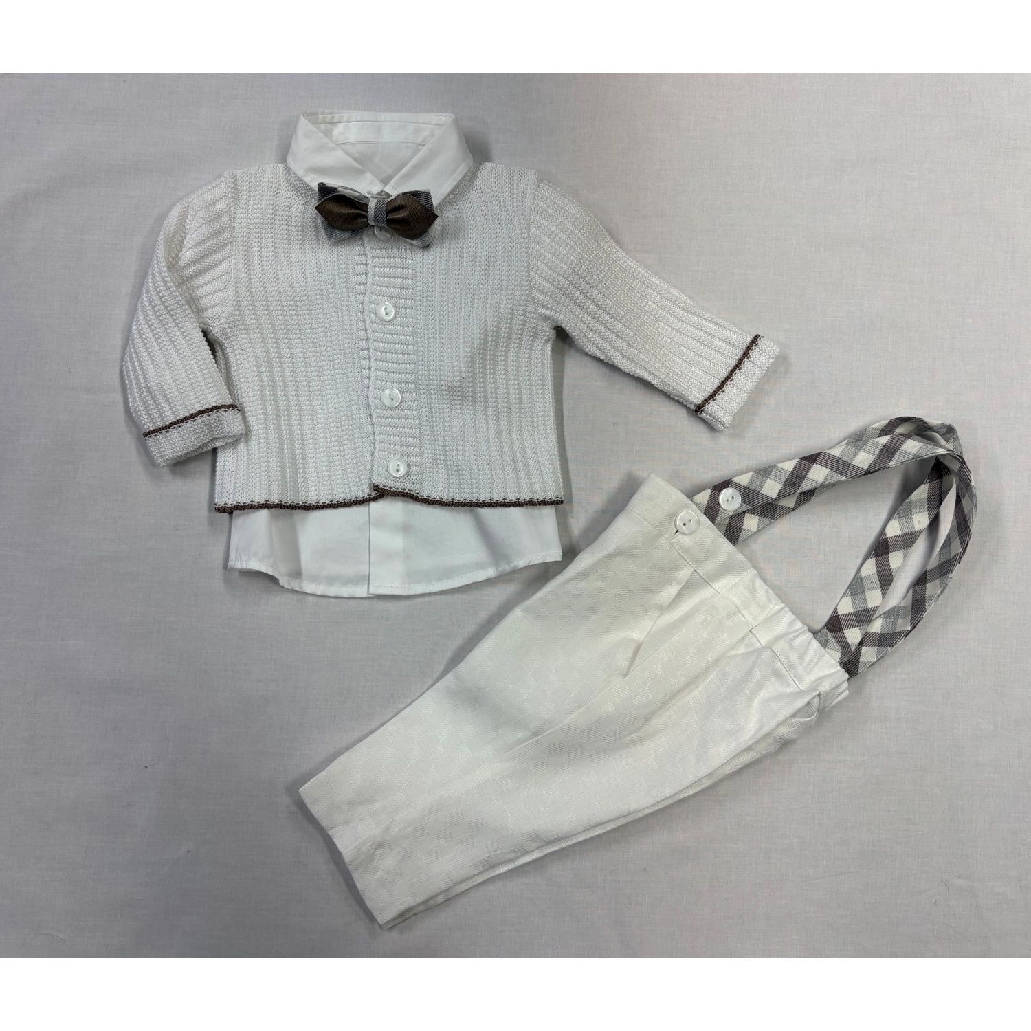 4 PC WHITE CARDIGAN BROWN PLAID SUSPENDERS & BTIE / GA70160