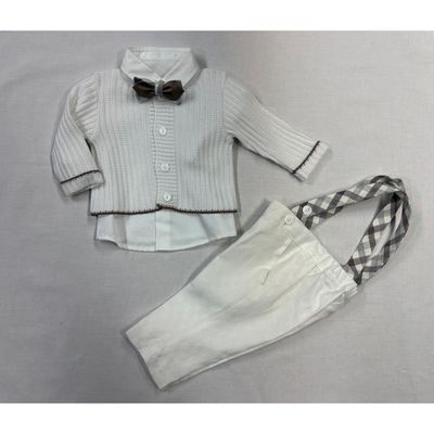 4 PC WHITE CARDIGAN BROWN PLAID SUSPENDERS & BTIE / GA70160